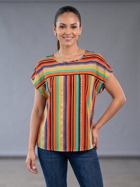 NWOT | Vibrant Sunset Striped Mixed Print Boho Dolman Sleeve Top | Large